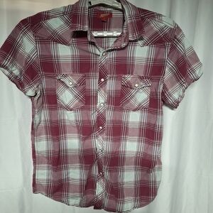 Men's Plaid Short Sleeve Shirt - Burgundy and White Country Snap Button Plaid